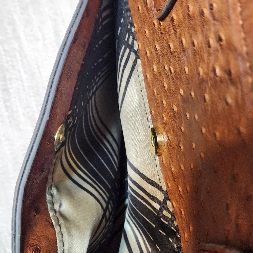 London Fog Brown Faux Leather Ostrich Satchel Bag w/ Detachable Strap